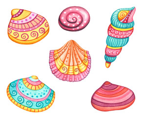 Set of colorful sea shells isolated on white background. Watercolor hand painted illustrations of beautiful summer elements, clip arts, symbols, icons. Vivid colors and detailed designs.