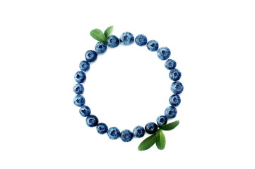 Summer blueberry round frame isolated on white background. Berries border design. Close up top view or flat lay with place for your text