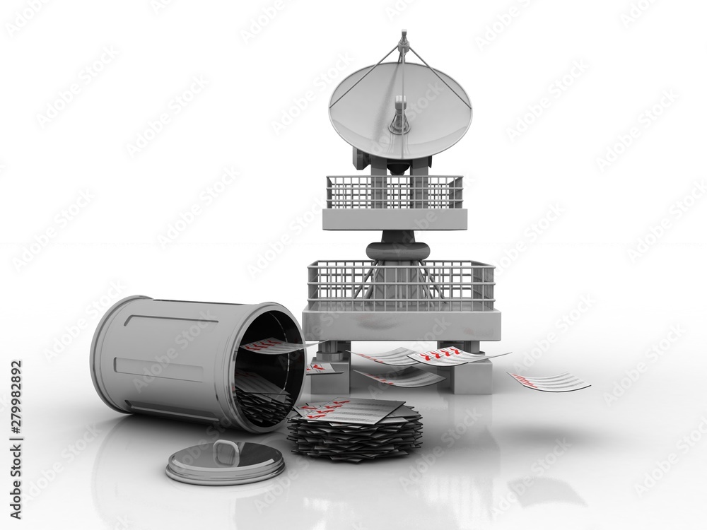 Poster satellite dish and spaceship with envelop, 3d rendering