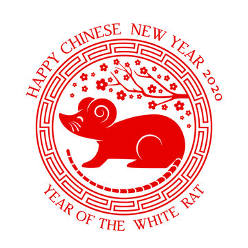 Greeting Card With Chinese New Year 2020 White Rat On The Astrological Calendar. Gong Xi Fa Cai.