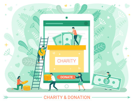 Charity And Donation Web Poster, People Donate Money. Vector Male Climbing On Ladder, Teamwork And Generosity, People And Money Banknotes, Green Leaves. Invest In New Idea