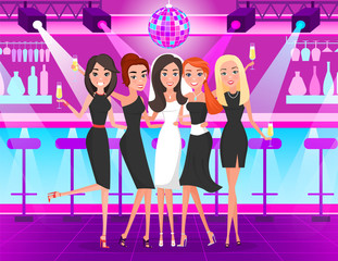 Bride wearing bridal dress and veil with bridesmaids vector. Nightclub bachelorette party with friends, dancing and drinking in club partying. Celebrating hen-party. Friends on hen night at nightclub