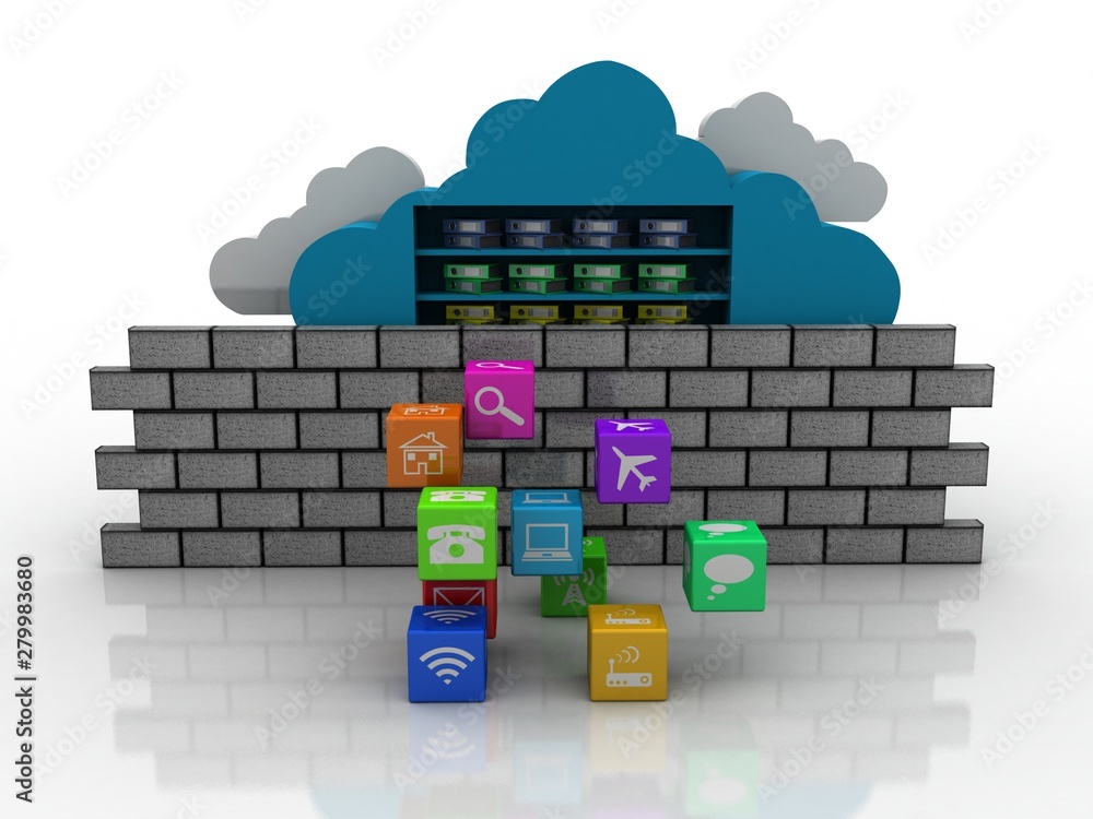 Poster 3d rendering cloud folder storage firewall protection with wifi icon