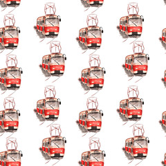 Watercolor illustration of a red tram pattern on a white background