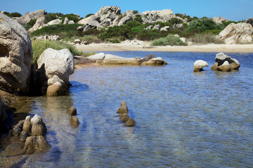 Island called La Maddalena located north of Sardinia in central Italy. Rocks and beaches and blue sea on a sunny day.