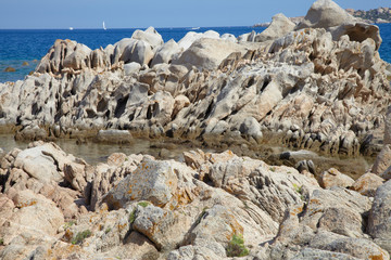 Island called La Maddalena located north of Sardinia in central Italy. Rocks and beaches and blue sea on a sunny day.