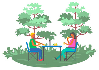 Man and woman sitting outdoor, couple picnic in forest or park, people characters drinking and eating sandwiches, healthy leisure, friends relaxing vector