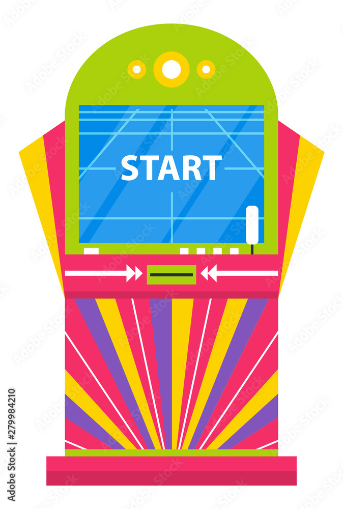 Poster playing game machine vector, isolated machinery to entertain. electronic device with start saying on
