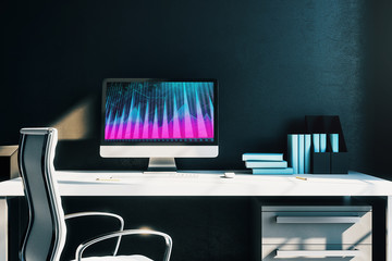 Cabinet desktop interior with financial charts and graphs on computer screen. Concept of stock market analysis and trading. 3d rendering.