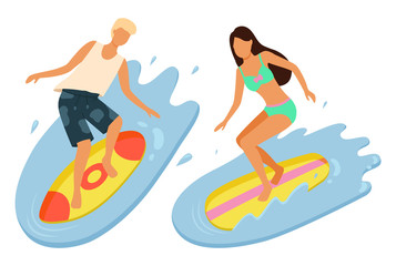 Beach activities, man and woman on surfboards isolated. Vector surfers on boards, sea or ocean water splashes. Summer fun, windsurfing sport recreation