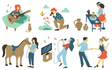 Photography hobby vector, playing guitar and singing songs at karaoke. Woman and man dancing at disco, pottery making pots from clay, horse equestrian - obrazy, fototapety, plakaty