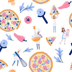 Seamless pattern with Tiny Characters cooking huge pizza. Food Preparing Process. Editable vector illustration
