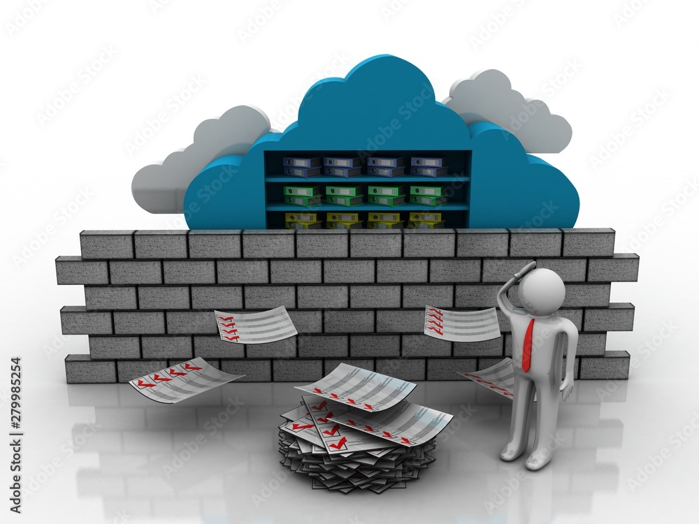 Poster 3d rendering cloud folder storage firewall protection with document near man