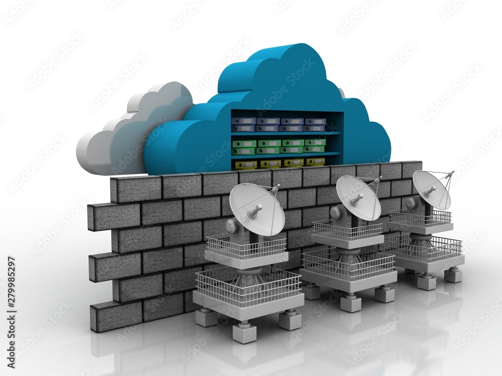 Poster 3d rendering cloud folder storage firewall protection with satellite