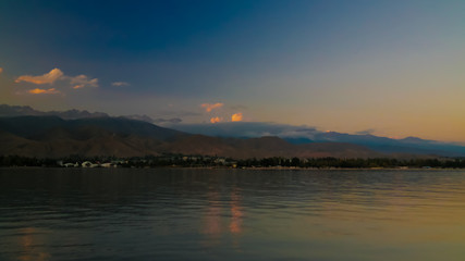 Sunrise panoramic view to Issyk-Kul lake, Cholpon-Ata, Kyrgyzstan