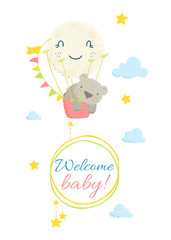 Cute flat hand drawn vector invitation. Baby shower invitation card. Baby bear with frame. Place for your text.
