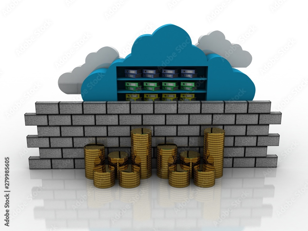 Poster 3d rendering cloud folder storage firewall protection with gold coin