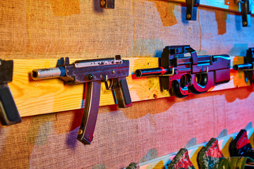 A variety of weapons for playing laser tag game and playground equipment