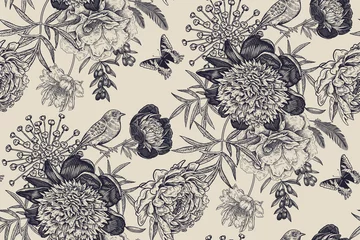 Wallpaper murals Beige Floral seamless pattern with garden flowers peonies, bird and butterflies.