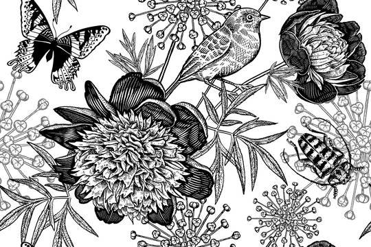 Seamless floral pattern with peonies, bird, beetle and butterflies. Black and white.