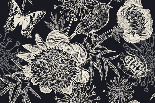  Black and white floral seamless background. Peonies, bird, beetle and butterflies. Vintage.