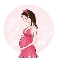Cute smiling pregnant woman in rose nightie.