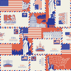 Vector seamless pattern on USA theme with envelopes and postcards, American symbols, architectural landmarks and flag of United States in retro style. Suitable for wallpaper, wrapping paper, fabric
