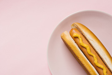 Flat lay hotdog on plate with copyspace