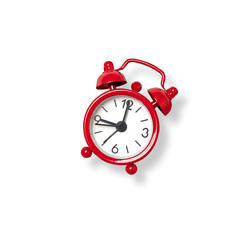 Red alarm clock, ringing, white background.