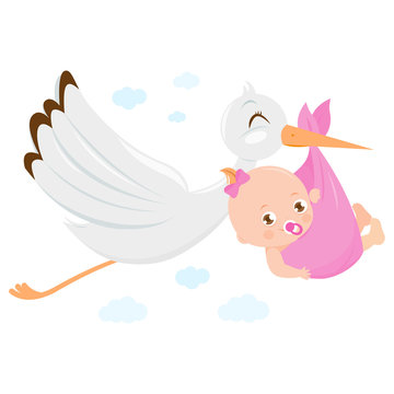 A stork flying in the sky and delivering a cute newborn baby girl. Vector illustration