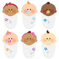 Diverse group of newborn babies wrapped in cloth. Vector illustration