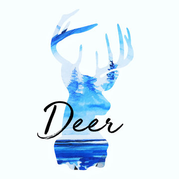 Beautiful winter art deer silhouette water color background illustration