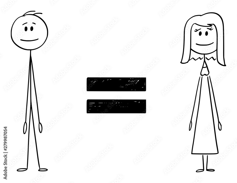 Sticker Vector cartoon stick figure drawing conceptual illustration of man and woman and equal sign between them. Concept of gender equality.