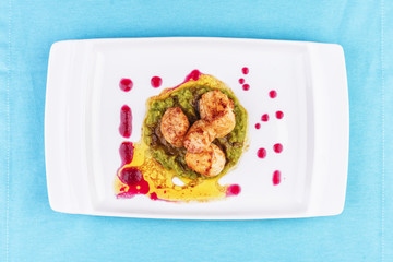  Mediterranean Chicken, on a pillow of pea puree with cranberry sauce