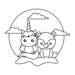cute little unicorn with bear baby in landscape