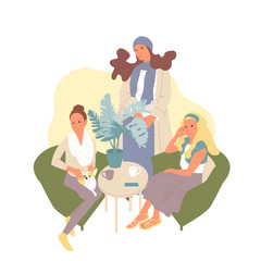 Three girls spend time together in cafe, having conversation, meeting of young women scene. Isolated on white background