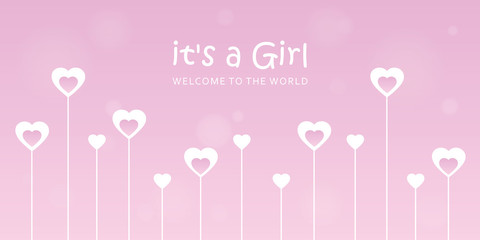 its a girl welcome greeting card for childbirth with hearts vector illustration EPS10