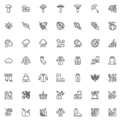 Autumn season line icons set. linear style symbols collection, outline signs pack. vector graphics. Set includes icons as Mushroom, leaf, rain, clouds, boot, wind, sweater, coat, umbrella calendar