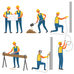 Workers and tools, building or construction works vector. House draft or scheme, digging soil and drilling wall, saw and log, folding measure tape