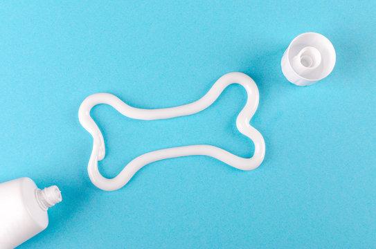 a bone from white toothpaste, animal teeth care concept, on blue background