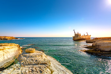 Edro III shipwreck at sunset near Coral Bay, Peyia, Paphos, Cyprus