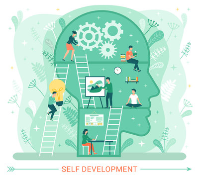 Self development, profile of human head with people developing mental issues. Woman starting cognitive wheels, male painting picture, ladders to success. Training, education, practice. Self-management