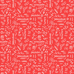 Doodle hand drawing seamless pattern. Words, phrases of love in Spanish, hearts, arrows, flowers, squiggles on a red background. Vector illustration.