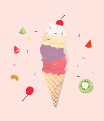 Delicious fruit ice cream cone