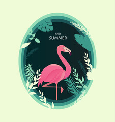 Flamingo bird illustration in egg shaped frame