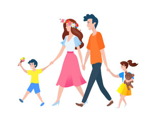 Mom and dad holding son and daughter, parents and children walking, full length view of group of people outdoor, smiling family together, holiday vector