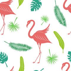 Tropical silhouette vector seamless pattern. Flamingo, coconut palm leaf, fan palm and banana leaf texture.