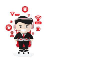 Cheerful businessman game caster sitting on red gaming chair and playing game by joystick while live stream, Flat design character, illustration element