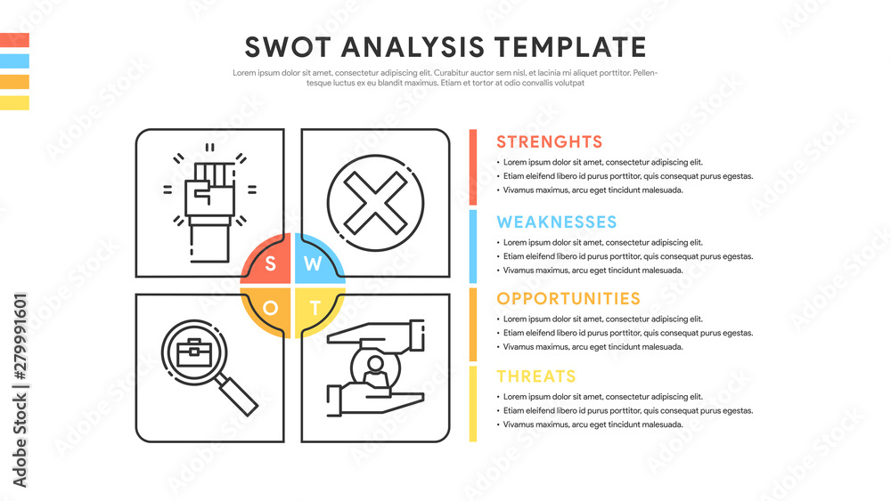 Poster four colorful elements with text inside placed beside the element. concept of swot-analysis template