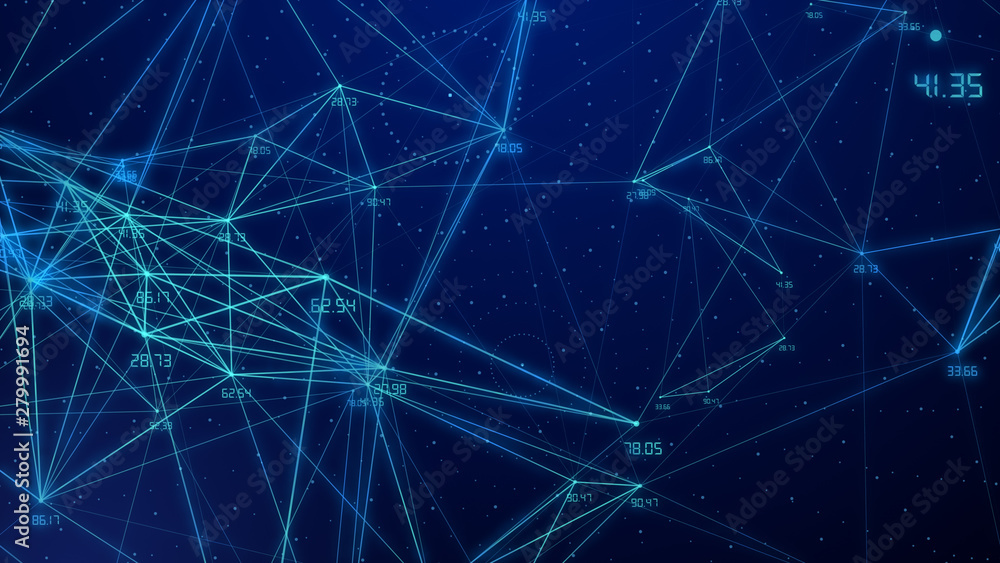 Poster abstract connected dots plexus networking light blue background with code number running